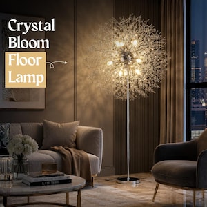 May include: A modern floor lamp with a crystal bloom design. The lamp features a central light source surrounded by numerous crystal-like elements, creating a radiant, decorative effect. The text "Crystal Bloom Floor Lamp" is visible in the image.
