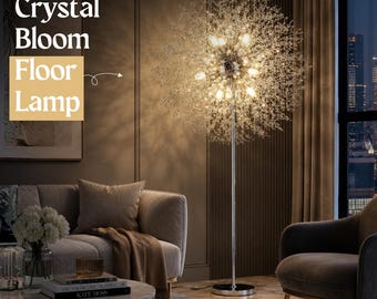 69in Crystal Floor Lamp with K9 Crystals, Modern Gold Standing Lamp, Luxury Bedroom & Living Room Light