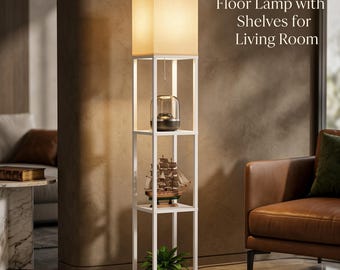 Shelf Floor Lamp with Storage, Modern Corner Standing Lamp with Fabric Shade, Display Shelf Lamp for Living Room Bedroom Office