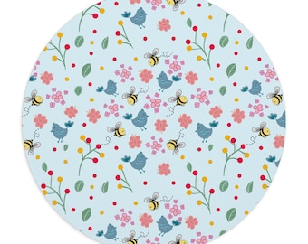 Alfombrilla de ratón redonda con estampado floral de pájaros azules y abejas / Alfombrilla de escritorio redonda