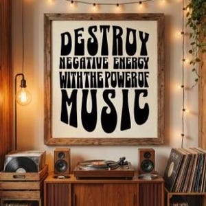 May include: A framed print with the text "DESTROY NEGATIVE ENERGY WITH THE POWER OF MUSIC" in black against a cream background. The print is displayed above a wooden cabinet with a record player, speakers, and vinyl records. A warm light hangs to the left.