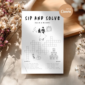 Puede incluir: Crucigrama en blanco y negro con temática de boda, titulado "Sip and Solve" con los nombres "Julia & Michael". El rompecabezas incluye ilustraciones de una pareja bailando, copas de champán y anillos de boda. El texto incluye pistas para el crucigrama.