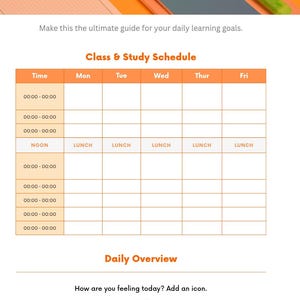 Peut inclure: Un modèle de plan d'étude avec le titre "Study Plan" en grandes lettres blanches. Le modèle comprend un emploi du temps de cours et d'étude avec des créneaux horaires et une section d'aperçu quotidien. Le fond est orange.