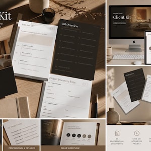 Op de afbeelding: Een "Client Kit" voor interieurontwerp met 13 professionele documenten. De afbeelding toont een computer, tablet en gedrukte materialen met tekst zoals "Kit Overview" en "Project Discovery Form".