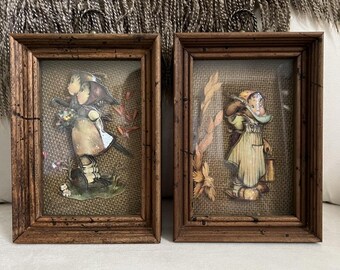 Vintage Hummel Style Wall Art Set Cottage Farmhouse Shadow Box Rustic Wood Frame