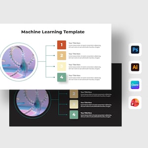 May include: A digital presentation template titled Machine Learning Template featuring a circular graphic with abstract translucent shapes, a numbered list from one to four in colored boxes, and icons for Photoshop, Illustrator, Canva, and PowerPoint.