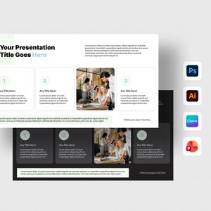 May include: A digital presentation template featuring two layout variations, one with a white background and one with a dark gray background. Each layout includes numbered sections, placeholder text, and a central photograph of people working.