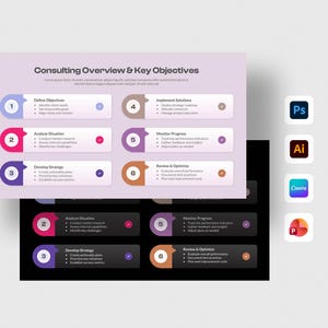 May include: A consulting overview and key objectives infographic template featuring six numbered steps in light and dark colour schemes. Icons for Adobe Photoshop, Illustrator, Canva, and PowerPoint are displayed vertically on the right side.
