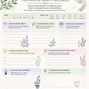 Op de afbeelding: Een pagina met dagelijkse journaalreflecties voor geestelijke gezondheid en welzijn. Het journaal bevat prompts voor dagelijkse reflectie, zoals gevoelens, dankbaarheid en uitdagingen. Het ontwerp bevat aquarel illustraties van planten en een koffiekopje.