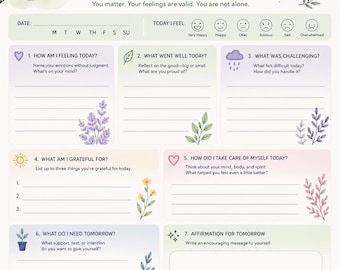 Daily Mental Health Journal Reflections | Self-Care Mindfulness Worksheet (Instant Download)