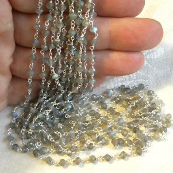 Labradorite Rosary Chain 9 to 18 Inches Strand Sterling Silver Wire 3.5mm Semiprecious Faceted Gemstone Beads Labradorite Jewelry Supply