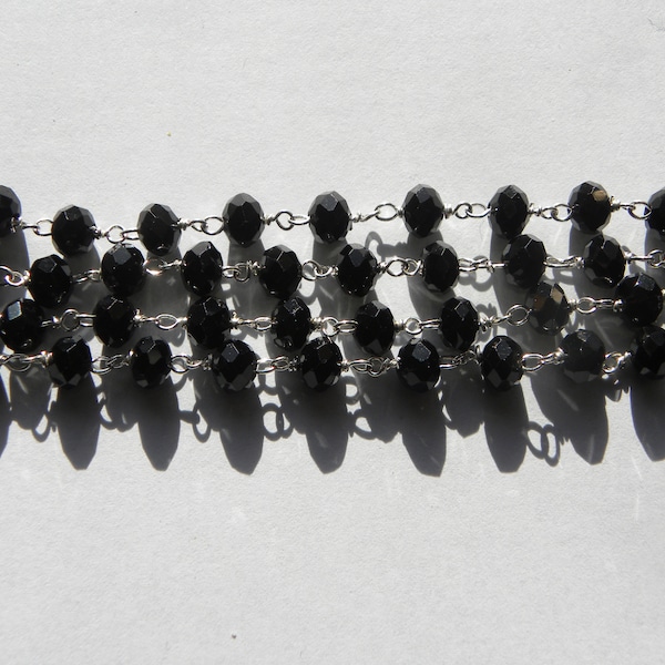 Black Spinel Rosary Chain Beads Sold by the FOOT Sterling Silver Wire Chain 6mm Black Faceted Gemstone Chain Black Spinel Jewelry Supply