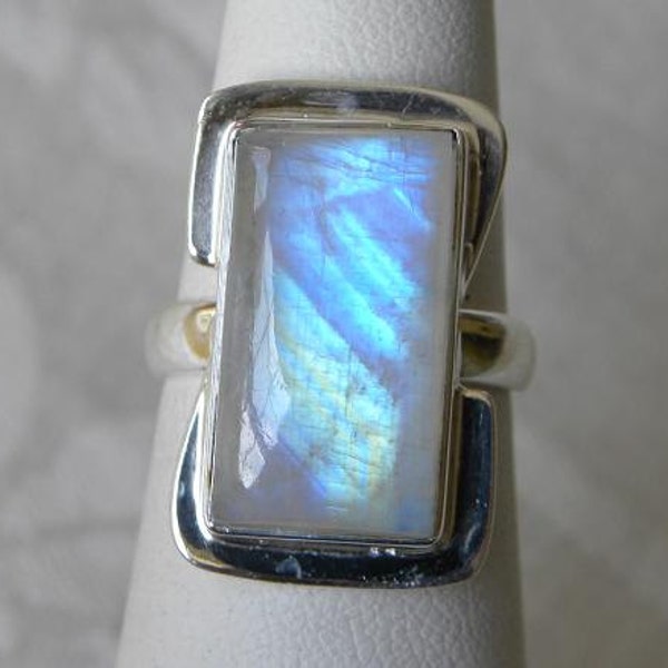 Handmade Moonstone Ring Rainbow 20x10mm Blue Flash Semiprecious Gemstone Sterling Silver Band Size 6 1/2 Take 10% Off Women's Jewelry Sale