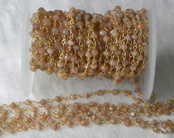 Sunstone Rosary Chain: Gold on Brass Wire, Orange Gemstone Beads Natural Stone