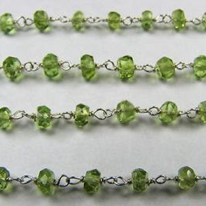 Green Peridot Rosary Chain: 3.5-4mm Faceted Sterling Silver Wire Natural Stone