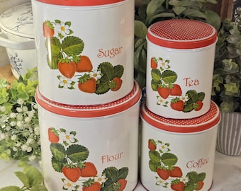 Vintage 1950s Cheinco Metal Strawberries Canisters MCM Kitchen
