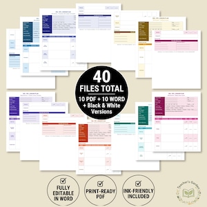 Puede incluir: Una colección de plantillas imprimibles de planes de lecciones de ESL en varios colores, incluyendo azul, morado y naranja. La imagen incluye un círculo negro con el texto "40 FILES TOTAL" y "10 PDF + 10 WORD + Black & White Versions". Texto adicional incluye "FULLY EDITABLE IN WORD", "PRINT-READY PDF" e "INK-FRIENDLY INCLUDED".