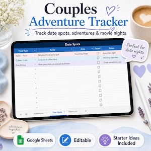 Pode incluir: Um Couples Adventure Tracker digital em um tablet, com uma lista de locais de encontros. O rastreador inclui seções para tipo de comida, nome, área e notas. O texto "Couples Adventure Tracker" está no topo.