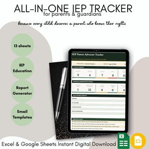 Op de afbeelding: Een alles-in-één IEP-tracker voor ouders en voogden. De afbeelding toont een tablet met de IEP Parent Advocate Tracker, een pen en een notitieboek. Tekst omvat "13 vellen", "IEP Education", "Report Generator" en "Email Templates". De digitale download is beschikbaar in Excel en Google Sheets.