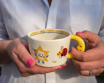Taza de cerámica pintada a mano / Taza de té floral con diseño de sol y luna, cerámica artesanal