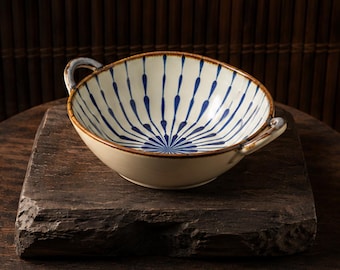 Bol de cerámica japonesa para fideos con asa / Bol para sopa y pasta con diseño floral / Vajilla rústica