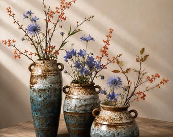 Jarrón rústico de cerámica azul / Soporte para flores esmaltado de estilo retro / Decoración de mesa Wabi Sabi / Pequeño jarrón de cerámica antigua
