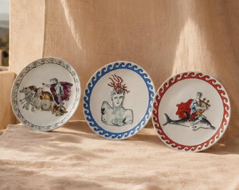 Plato decorativo de mitología griega / Plato de pared de cerámica de Poseidón / Bandeja de escritorio de estilo romano