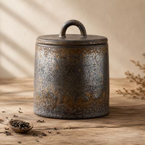 May include: A cylindrical ceramic canister with a lid featuring a small arched handle. The exterior has a textured, mottled finish in shades of dark charcoal gray, black, and metallic bronze, with a gradient effect fading toward the base.