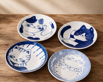 Juego de 4 platos para salsa con diseño de gato / Platos de cerámica japonesa para salsa de soja / Platos para sushi con diseño de gato de la suerte