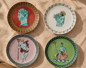Juego de platos de cerámica griega / Platos con motivos mitológicos de estilo italiano / Decoración de mesa de verano / Arte mural mediterráneo