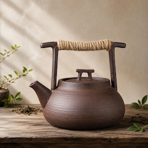Japanese Kyusu Ceramic Teapot 350ml | Wabi Sabi Gongfu Tea Pot with Rope Wrapped Handle | Rustic Teaware Gift