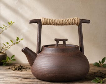 Tetera de cerámica japonesa Kyusu de 350 ml / Tetera Wabi Sabi Gongfu con asa envuelta en cuerda / Regalo rústico para el té