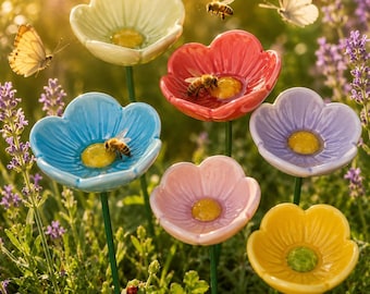 Set of 6 Ceramic Bee Bath Stakes | Flower Water Cups for Pollinators and Butterflies