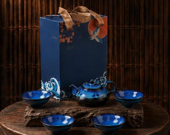 Juego de té chino Kung Fu / Tetera y tazas de cerámica azul / Regalo de té hecho a mano