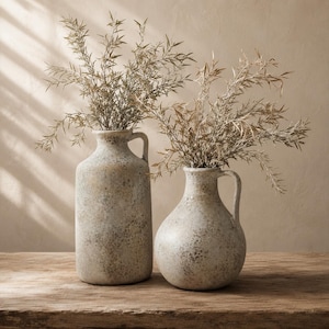 Peut inclure: Deux pichets en céramique avec une finition blanc cassé mouchetée et patinée, dotés d'une anse latérale. Chaque pichet contient un bouquet de fines branches séchées brun clair avec de petites feuilles, formant un arrangement naturel.