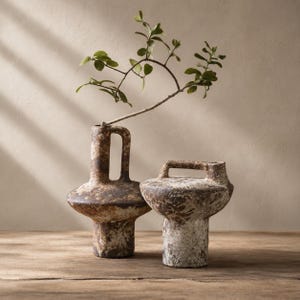 Może przedstawiać: Dwa teksturowane naczynia ceramiczne w kolorze ciemnobrązowym i kremowym o surowym, wyblakłym wykończeniu. Wyższe naczynie ma długą szyjkę z bocznym uchwytem, podczas gdy krótsze ma szeroki, zaokrąglony korpus i górny uchwyt. W wyższym wazonie umieszczono zieloną gałązkę z liśćmi.