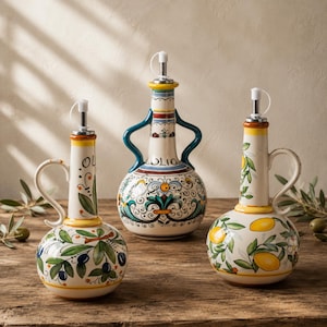 Śródziemnomorski ceramiczny dozownik do oleju | Pojemnik na olej z uchwytem | Dekoracyjna butelka kuchenna