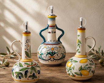 Dosatore per olio in ceramica mediterranea / Ampolla per olio con manico / Bottiglia decorativa da cucina