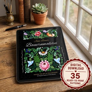 Może przedstawiać: Cyfrowe pobieranie wzorów sztuki ludowej. Tablet wyświetla czarny ekran z kolorowymi wzorami kwiatowymi i tekstem "Jonei Bauer Bauernmalerei". Czerwona pieczęć głosi "Pobieranie cyfrowe 35 gotowych do druku wzorów."