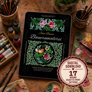 May include: A digital download product featuring a black tablet with floral folk art designs and the text "Jonei Bauer Bauernmalerei." The image includes paint supplies and a "Digital Download" sticker with "17 Round Ready-to-Print Patterns."