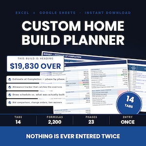 May include: A digital custom home build planner for Excel and Google Sheets featuring 14 tabs, 2,200 formulas, and 23 phases. The interface displays budget estimates, contingency tracking, and a draw schedule. Text includes "This build is heading $19,830 over" and "Nothing is ever entered twice."