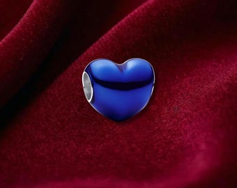 Metallic Blue Heart Charm, Sterling Silver Bracelet Accessory
