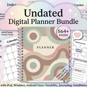 May include: An undated digital planner bundle with a cloud-shaped header. The planner includes sections for health, fitness, personal growth, and productivity. The cover features a retro design with the word "PLANNER". Includes a free sticker pack.