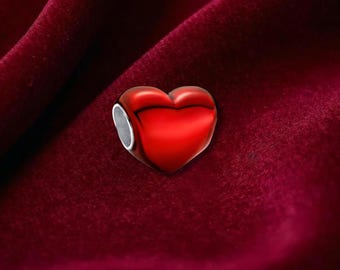 Red Metallic Heart Charm, Sterling Silver Bracelet Accessory