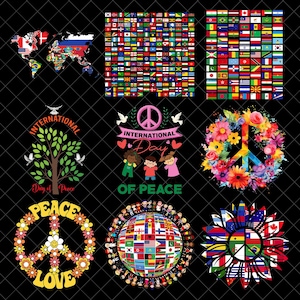 May include: A digital graphic collection featuring a world map of flags, grids of international flags, a tree with doves, children with a peace sign, a floral peace symbol, a daisy peace sign, a globe of flags with children, and a flag sunflower.