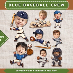 May include: A digital graphic set titled BLUE BASEBALL CREW featuring cartoon-style illustrations of children with baseball uniforms, caps, and gear. The characters are shown in various baseball poses, including batting, sliding, and catching.