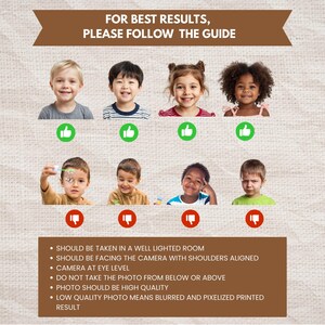 Peut inclure: Image avec des instructions pour la prise de photos. Le texte dit "FOR BEST RESULTS, PLEASE FOLLOW THE GUIDE." Il montre des exemples d'enfants avec des ic&ocirc;nes de pouce lev&eacute; et de pouce baiss&eacute;. La section inf&eacute;rieure &eacute;num&egrave;re les directives photo.