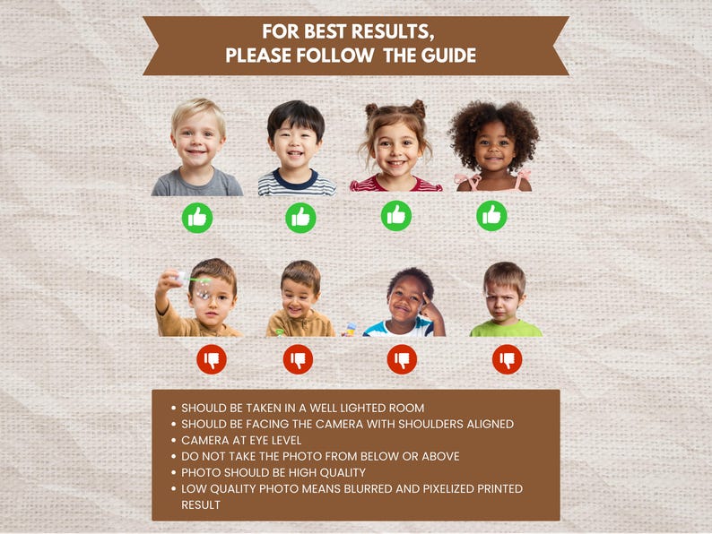 Peut inclure: Image avec des instructions pour la prise de photos. Le texte dit "FOR BEST RESULTS, PLEASE FOLLOW THE GUIDE." Il montre des exemples d'enfants avec des ic&ocirc;nes de pouce lev&eacute; et de pouce baiss&eacute;. La section inf&eacute;rieure &eacute;num&egrave;re les directives photo.