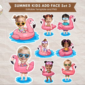 Peut inclure: Un ensemble graphique numérique intitulé SUMMER KIDS ADD FACE Set 3 Editable Template and PNG présentant sept illustrations d'enfants aux coiffures variées portant des lunettes de soleil, chacun dans une bouée flamant rose sur de l'eau bleue.