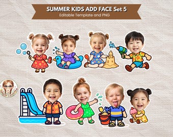 Summer Activities Kids Add Face Custom Summer Party Clipart Pool Party Add Your Own Face Beach Theme Party Template Summer Kids Cake Toppers